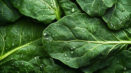 Obraz premium Closeup Photograph of Fresh and Crisp Green Collard Greens with Glistening Water Droplets on the Lush Leaves Isolated on a Plain Background