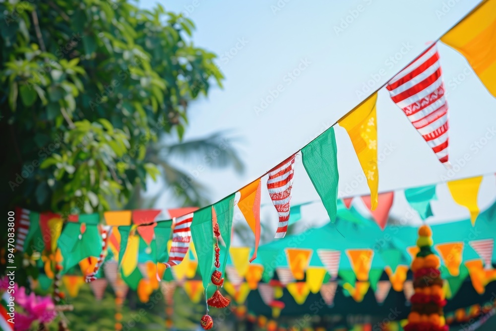 Aufkleber flags with bright colors and various shapes hanging from a tree branch