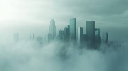 Naklejka premium A futuristic city skyline shrouded in fog creates an ethereal and mysterious atmosphere, perfect for sci-fi and fantasy themes.