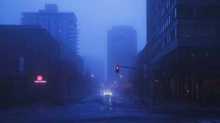 A foggy urban night scene with towering buildings, dim streetlights, and a traffic signal glowing through the mist.