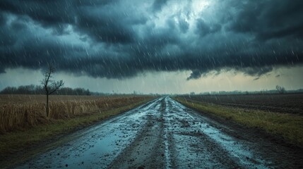 A dramatic rural landscape with a muddy road stretching to the horizon beneath ominous storm clouds, capturing the essence of impending weather.