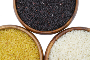 Different sorts of rice on isolated white background, flat lay. Space for text