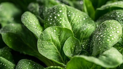 Closeup photograph of fresh vibrant green bok choy leaves with delicate dewdrops glistening on the surface against a clean isolated background