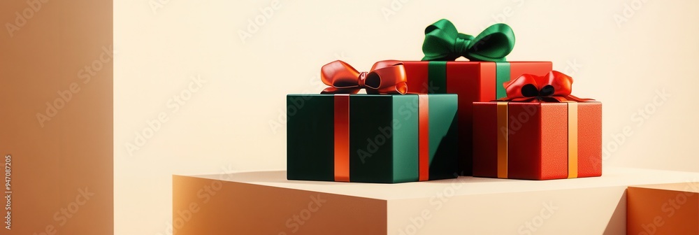 Poster colorful gift boxes in geometric shapes are arranged with vibrant ribbons and bows, creating a festi