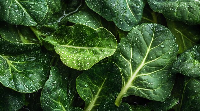 Closeup photograph showcasing the crisp texture and fresh water droplets on the surface of green collard leaves against a clean isolated background