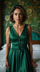 Naklejka premium middleage hispanic green dress bedroom background woman model portrait
