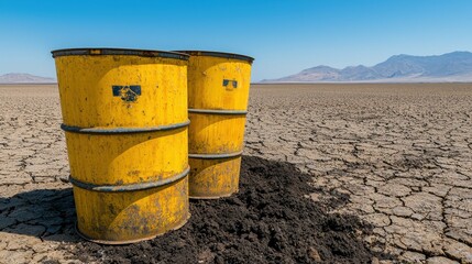 Two yellow barrels are sitting in the dirt, one of which is partially buried