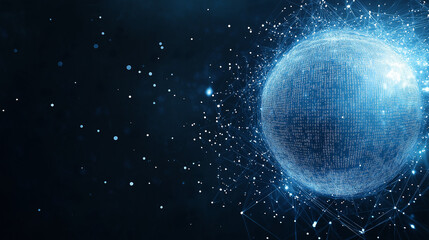 Obraz premium A futuristic and sophisticated design with a deep blue color palette, enhanced with complementary tones. The main focus is on the right side of the composition, featuring a radiant light sphere that c