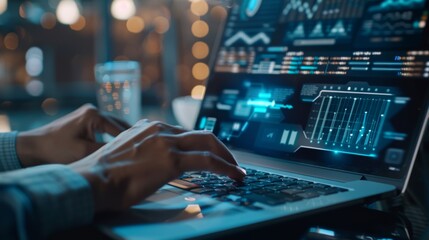 Digital Advertising Analytics and Video ADS Campaigns. Person using laptop analyzing digital ad performance metrics and campaign data. Digital marketing online, Content creation, Customer engagement,