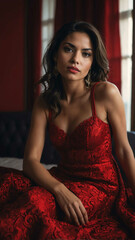 Fototapeta premium pretty hispanic red dress bedroom background woman model portrait