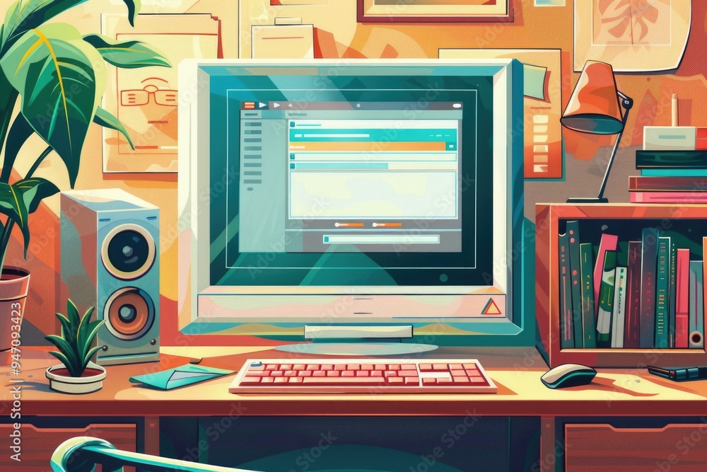 Poster A close-up view of a desktop computer placed on a wooden desk, great for office or home use scenarios