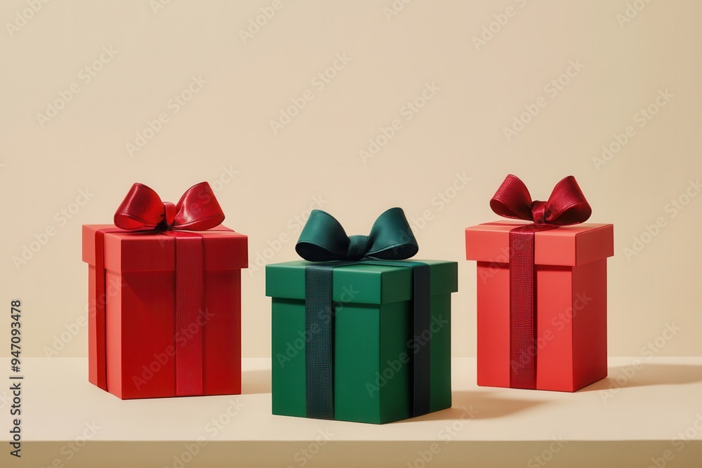 Poster three uniquely shaped gift boxes in red, green, and pink are elegantly tied with bright ribbons, add