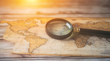 Wooden table with world map and magnifying glass focusing on a specific region, symbolizing detailed global outlook and strategic planning