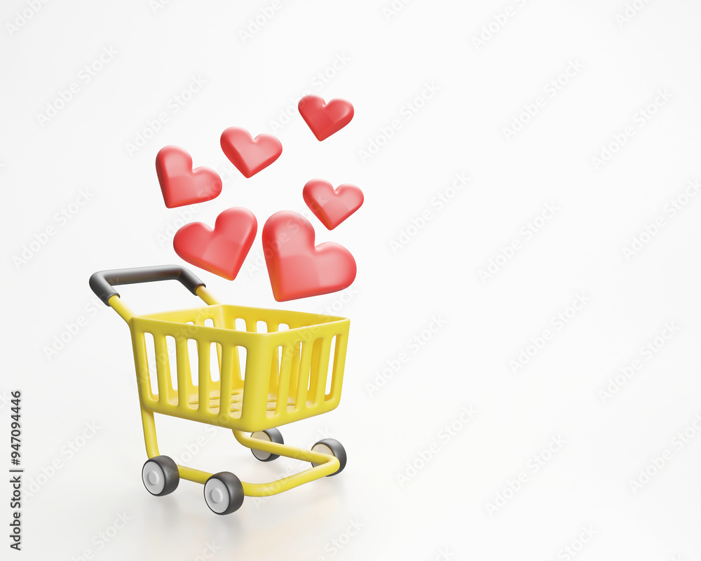 Poster 3d rendered illustration with floating red heart icon on a yellow shopping cart with copy space of t