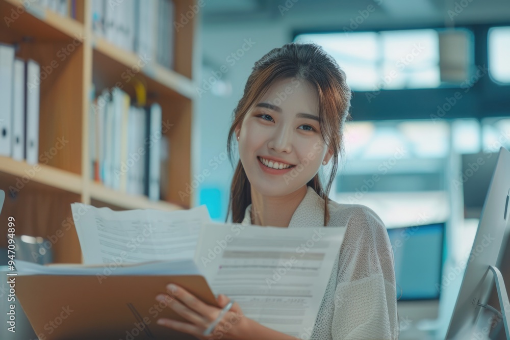 Poster a woman holds a piece of paper in front of a computer, likely referencing or editing information