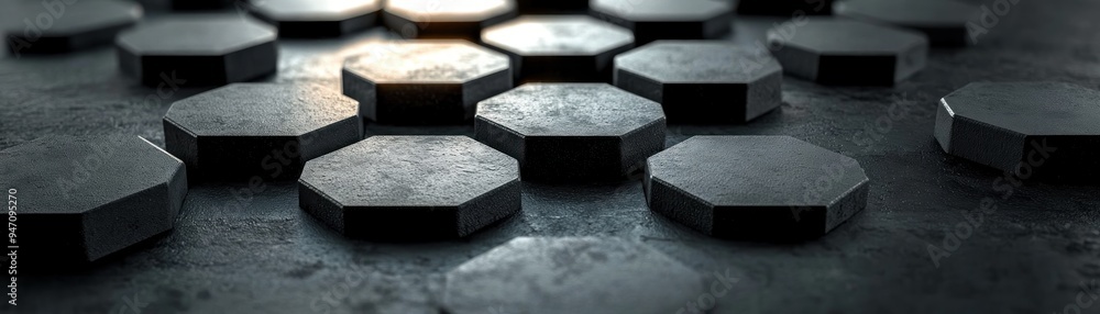 Poster minimalist pattern of matte black hexagon bricks with rough texture, abstract architecture, modern d