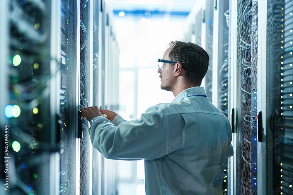 Poster a person in a white lab coat works on a server, perfect for it or technology-related projects