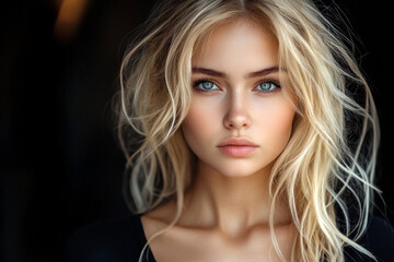 Naklejka premium Stunning portrait of a blonde woman with intense blue eyes and natural makeup, set against a dark background.