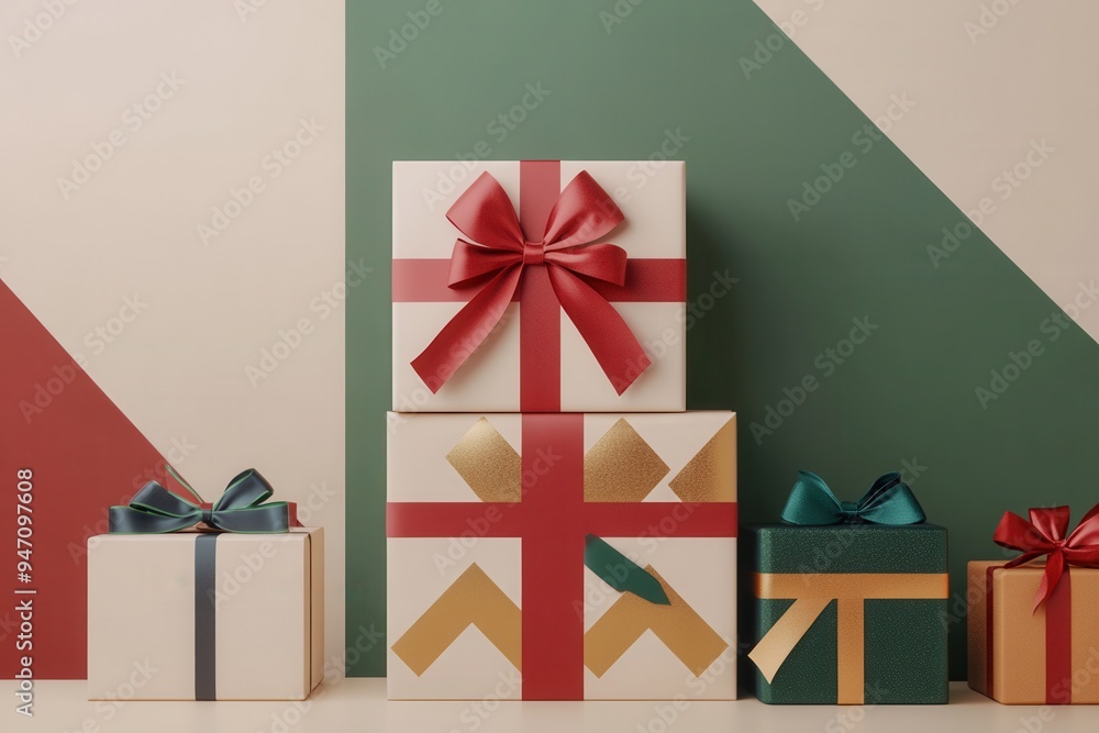 Poster Three beautifully wrapped Christmas gift boxes with vibrant ribbons and geometric patterns are stacked against a colorful backdrop. Generative AI