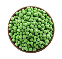 Fresh green peas in bowl isolated on white, top view