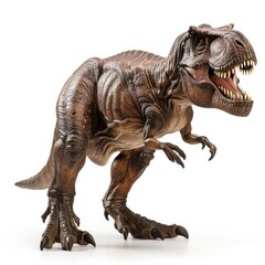 Fototapeta premium Tyrannosaurus Rex toy is showcased against a white background, highlighting its realistic texture and fierce expression. This model is perfect for dinosaur enthusiasts and collectors alike.