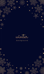 キラキラと輝くゴールドの雪の結晶。ラグジュアリーな冬の背景イラスト素材。