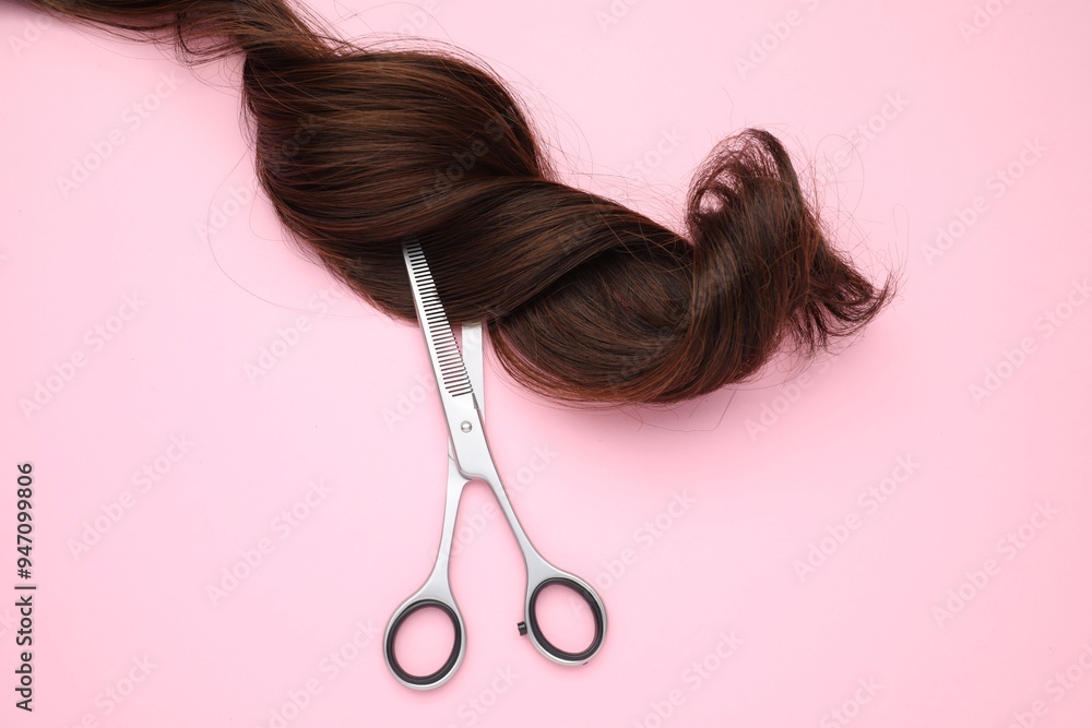 Wall mural brown hair strand and professional scissors on pink background, top view