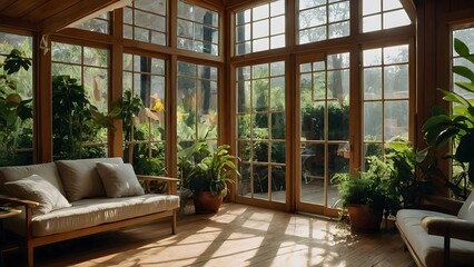 A bright and airy sunroom with large windows, wooden floors, and a comfortable sofa. The room is filled with plants, creating a peaceful and relaxing atmosphere.