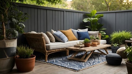 A patio with a wicker sofa, a wooden coffee table, and plants.