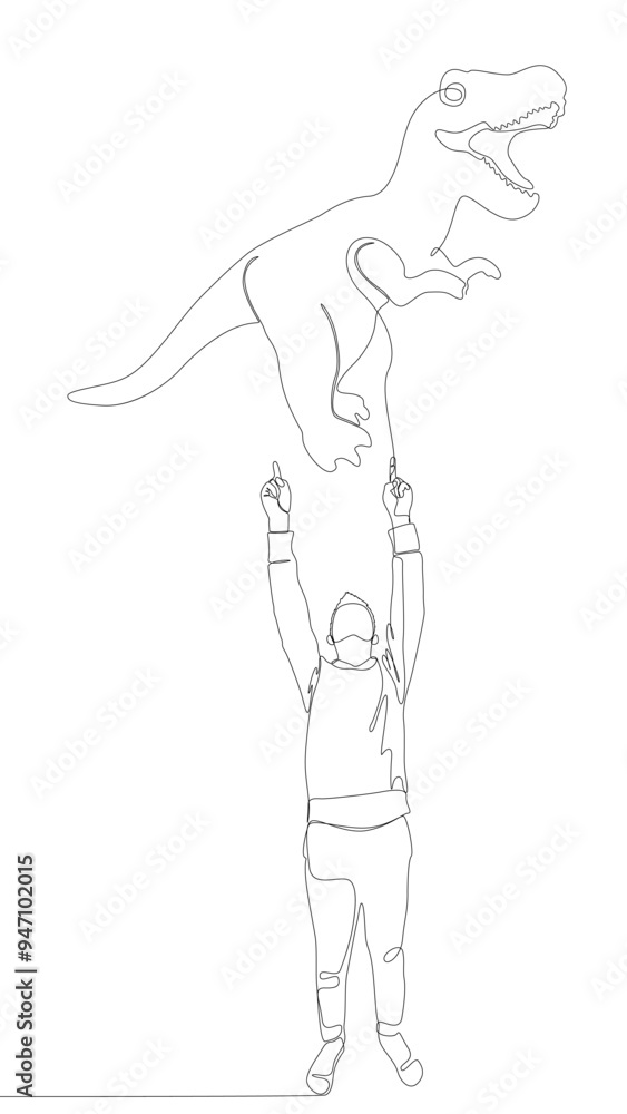 Poster one continuous line of man pointing with finger at dinosaur. thin line illustration vector concept. 