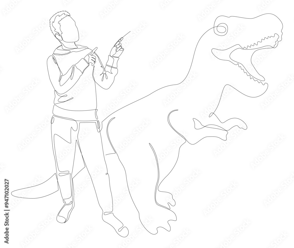 Aufkleber one continuous line of man pointing with finger at dinosaur. thin line illustration vector concept. 