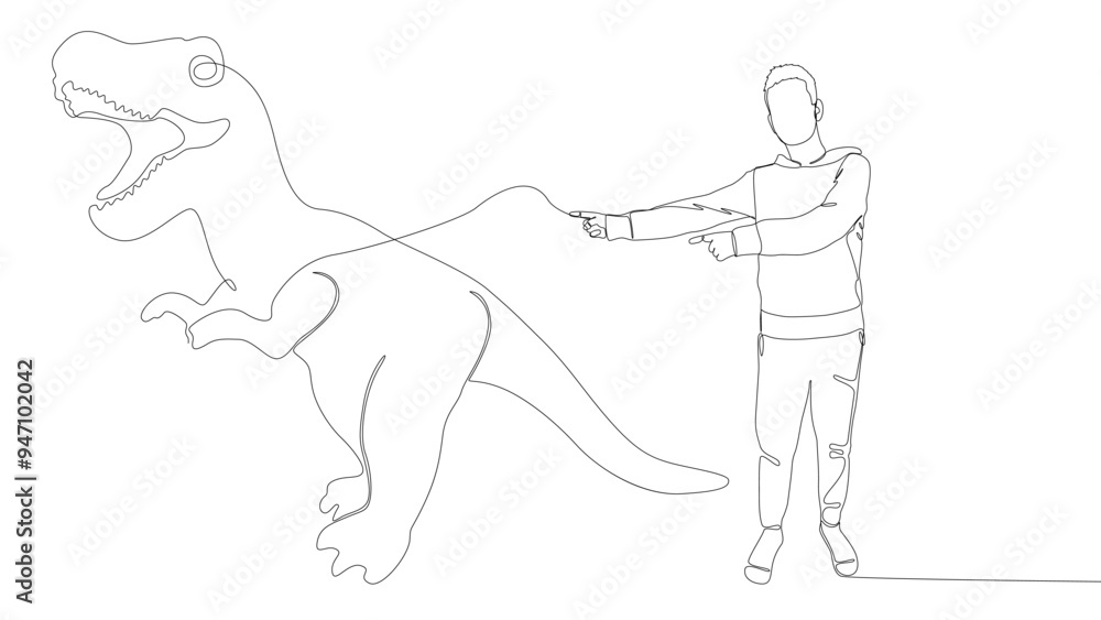 Poster one continuous line of man pointing with finger at dinosaur. thin line illustration vector concept. 