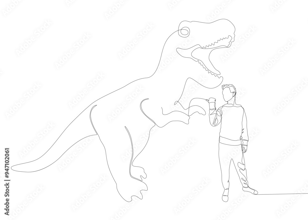 Aufkleber one continuous line of man pointing with finger at dinosaur. thin line illustration vector concept. 
