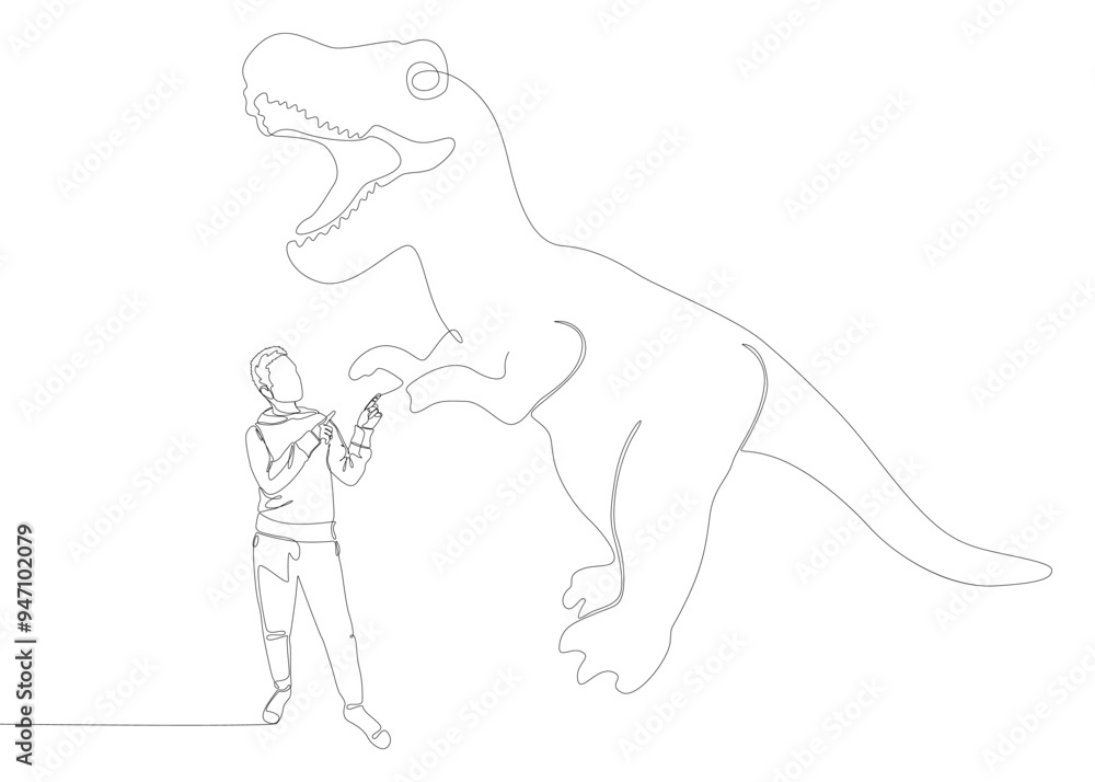 Poster one continuous line of man pointing with finger at dinosaur. thin line illustration vector concept. 