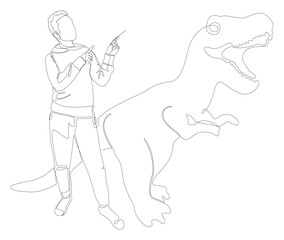 One continuous line of Man pointing with finger at Dinosaur. Thin Line Illustration vector concept. Contour Drawing Creative ideas.