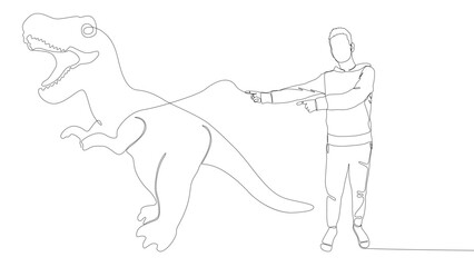 One continuous line of Man pointing with finger at Dinosaur. Thin Line Illustration vector concept. Contour Drawing Creative ideas.