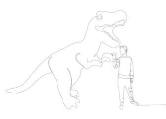 One continuous line of Man pointing with finger at Dinosaur. Thin Line Illustration vector concept. Contour Drawing Creative ideas.