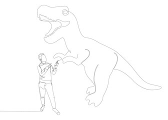 One continuous line of Man pointing with finger at Dinosaur. Thin Line Illustration vector concept. Contour Drawing Creative ideas.