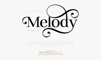 Melody typography beauty fashion elegant minimalist serif italic fonts decorative wedding vintage retro logos. Minimal luxury font alphabet logo. Vector illustration