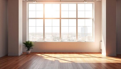Fototapeta premium Blank wall in bright office mockup with large windows and sun passing through, Empty Office Space HDR, Architecture, Indoor, interior, sunlight, 3D rendering created with generative ai