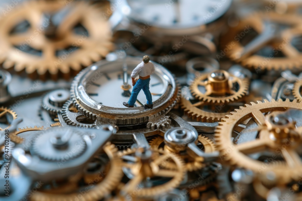 Aufkleber a person stands atop a clock mechanism surrounded by intricate gears, providing a unique perspective