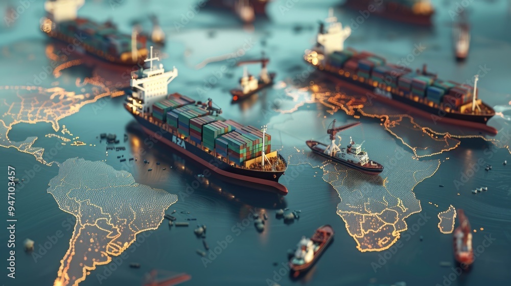 Poster a detailed map of the world showing various ships at sea, ideal for use in presentations or reports 