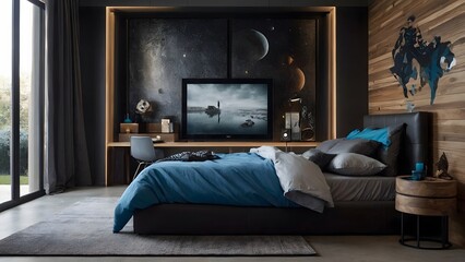 A modern bedroom with a large bed, a desk, a TV, and a window overlooking a garden. The walls are decorated with a space-themed mural and wood paneling.