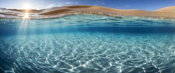 Underwater View of Sandy Beach with Sunlight Rays