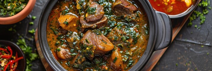 Afang Soup, a traditional dish, enriched with bone broth, palm oil, meats, and seafood.