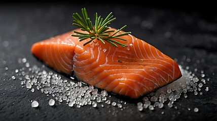 Fresh salmon fillet  with coarse salt seasoned herbs over a black stone