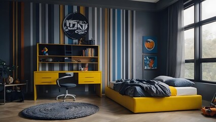 Modern bedroom interior with yellow furniture, a striped wall, a large window, a black desk chair, a black rug, and a black bed.
