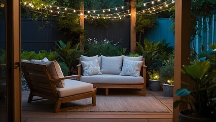 A cozy outdoor seating area with a white couch and two chairs, illuminated by string lights, perfect for relaxing and enjoying the evening.