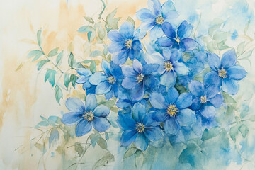 This watercolor painting features a bouquet of blue flowers