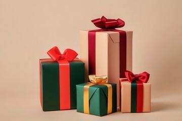 Obraz premium The arrangement showcases a variety of minimalist Christmas gift boxes adorned with colorful ribbons and geometric designs. Generative AI